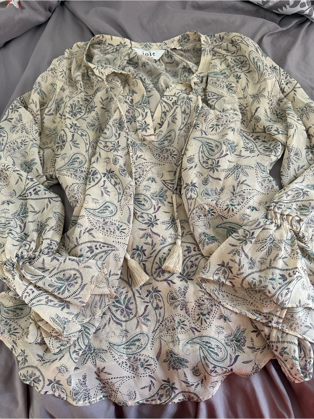 Joie Cream Paisley Tassel Blouse with Green and Blue Accents